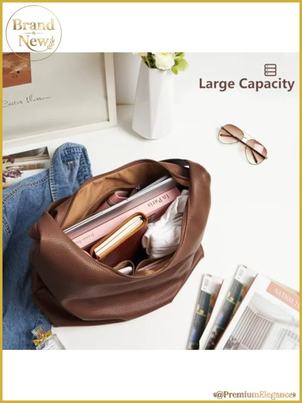 Slouchy Tote Bag Vegan Leather Crescent Hobo Zipper Shoulder Bag